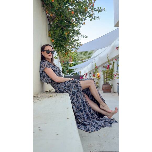 Cinq a Sept Kris Chiffon Dress in Raven Paisley Navy Blue Chiffon Smocked Maxi - Picture 15 of 15